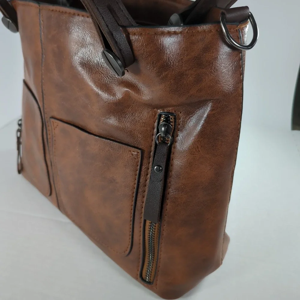 Brown Soft Vegan Leather Satchel Handbag Multi-Pocket Organizer Purse NEW